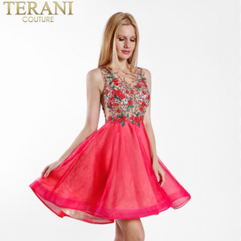 Terani Couture Floral Sheer Top Structured Skirt Prom Formal Ball Dress Gown 0